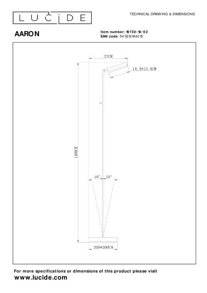 Lucide AARON - Floor reading lamp - LED Dim. - CCT - 1x12W 2700K/4000K - Matt Gold / Brass - technical